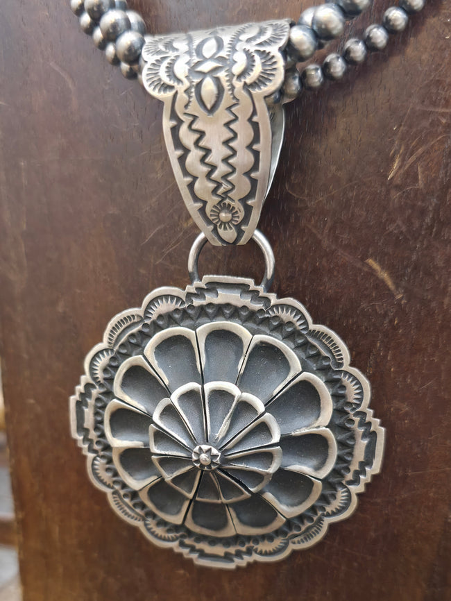 Stamped Sterling Silver Pendant by Leander Tahe on Three Strand Sterling Silver Bead Necklace - 16 in. plus 4 in. Extender
