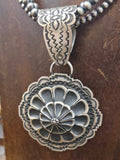 Stamped Sterling Silver Pendant by Leander Tahe on Three Strand Sterling Silver Bead Necklace - 16 in. plus 4 in. Extender