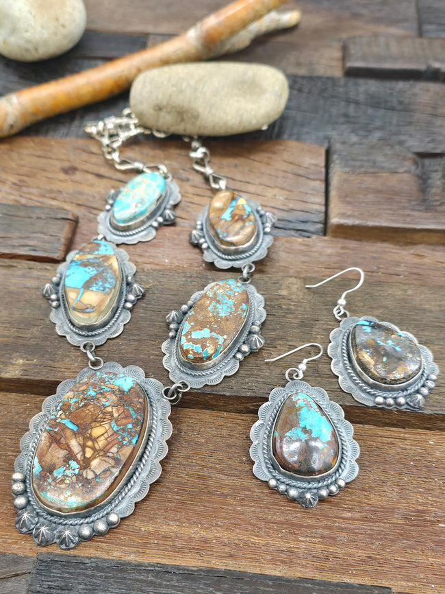 Stamped Sterling Silver Boulder Turquoise Necklace and Earring Set by LaRose Ganadanegro - 25 in.