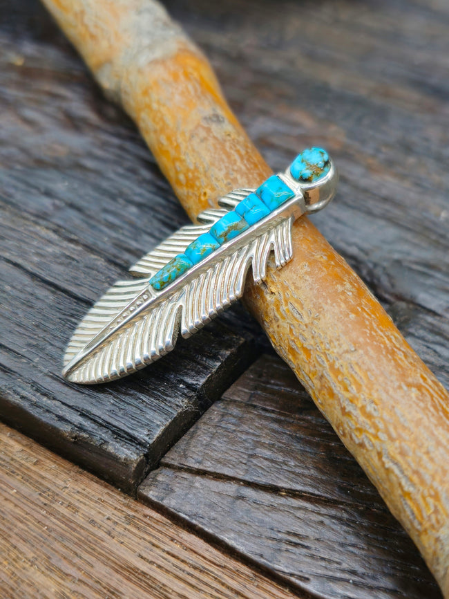 Blue Turquoise Cobblestone Inlay Sterling Silver Feather Pendant