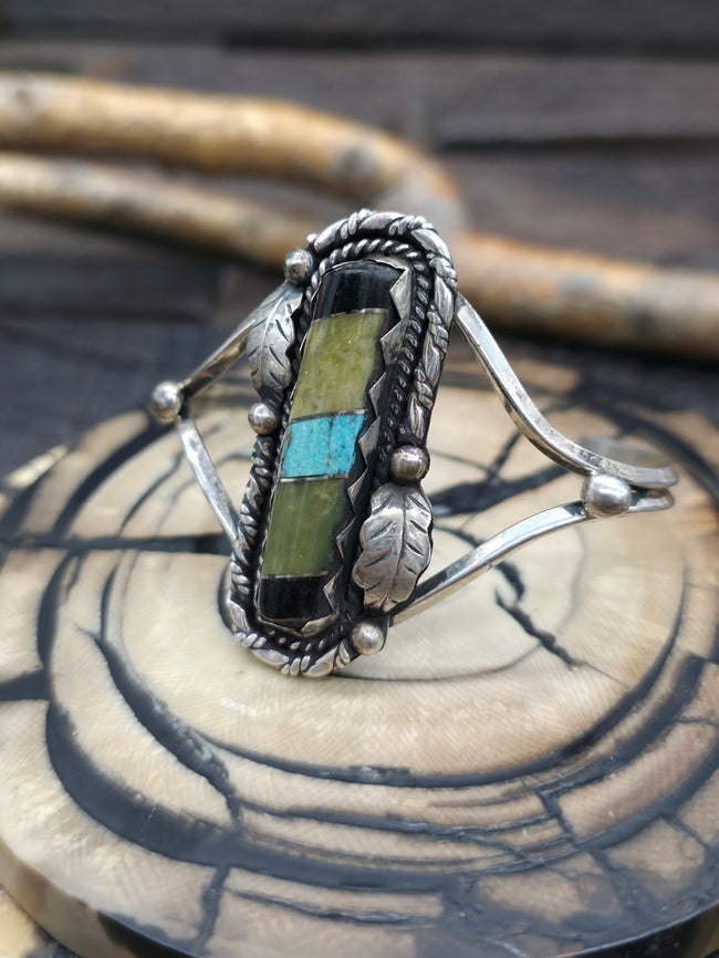 Vintage/Estate Sterling Silver Multistone Inlay Leaf Applique Cuff - 6 in. w/Gap