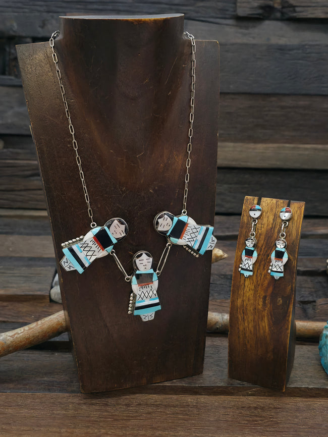 Sterling Silver Maiden Inlay Necklace Earrings Set by Joyce Wasita - 18 in.
