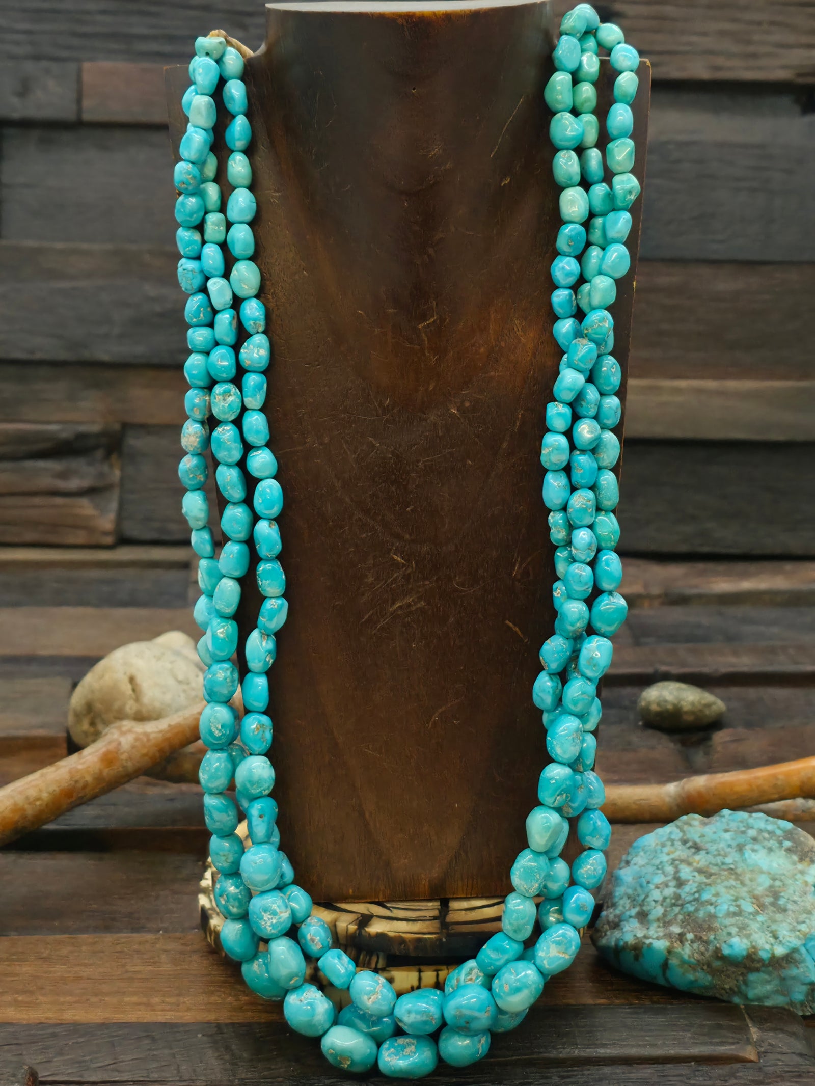 Three Strand Graduated Blue Turquoise Nugget Necklace - 30 in.