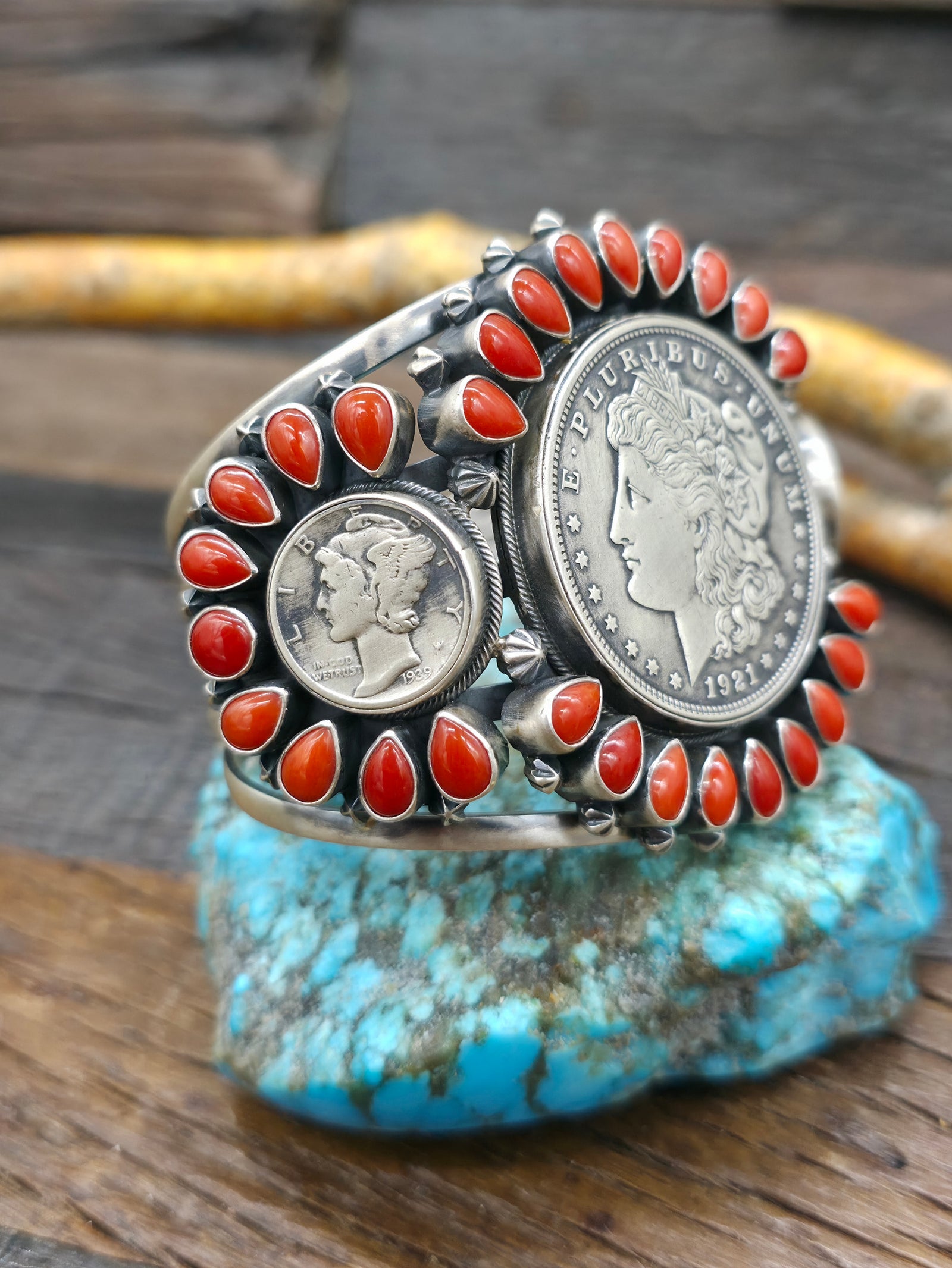 Liberty Dollar and Mercury Dime Coin Silver Cuff with Coral by Mark Yazzie - 7 in. w/Gap