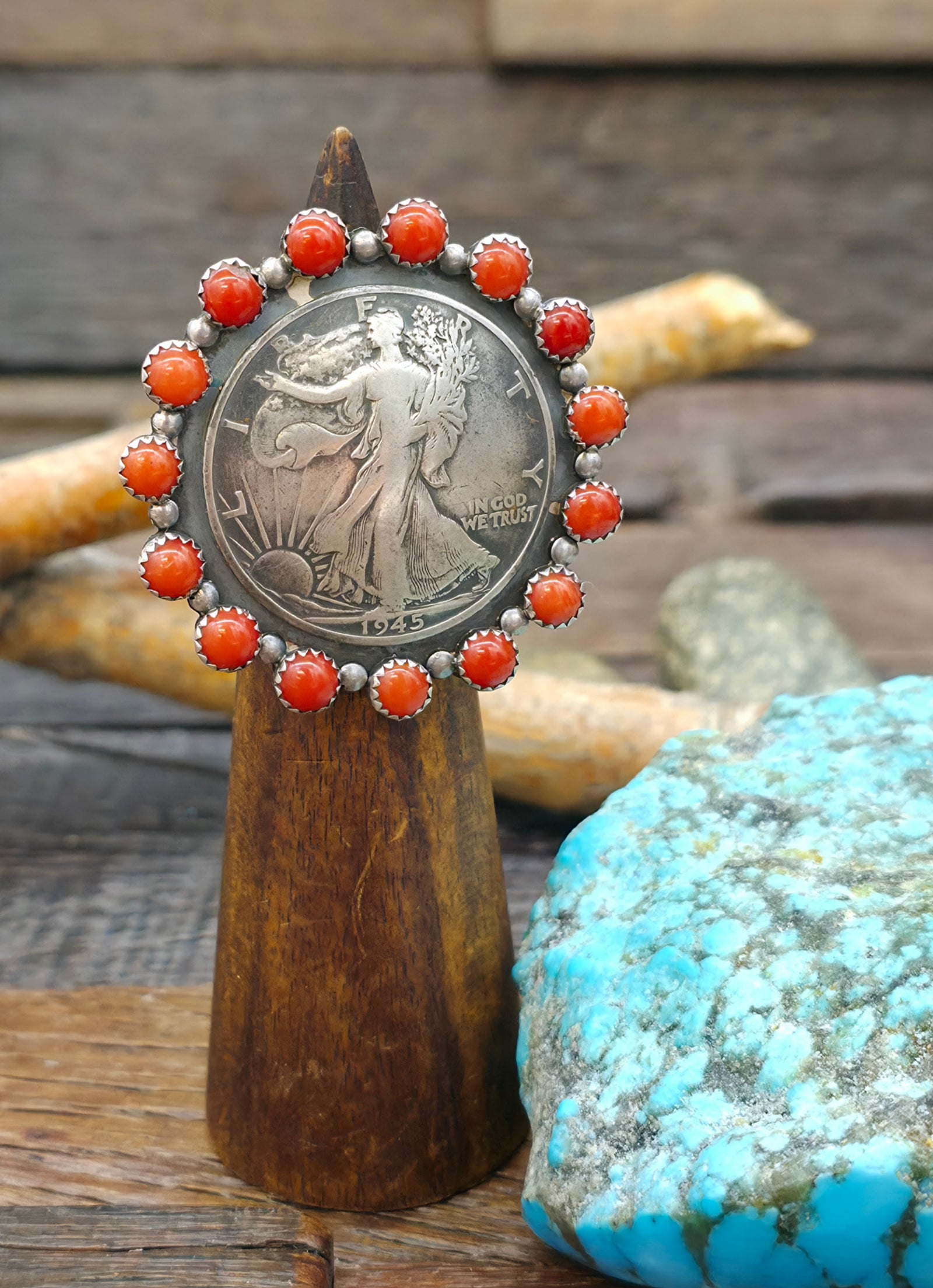 Liberty Half Dollar Coin Ring with Coral by Larry Archuleta - Size 6 1/2