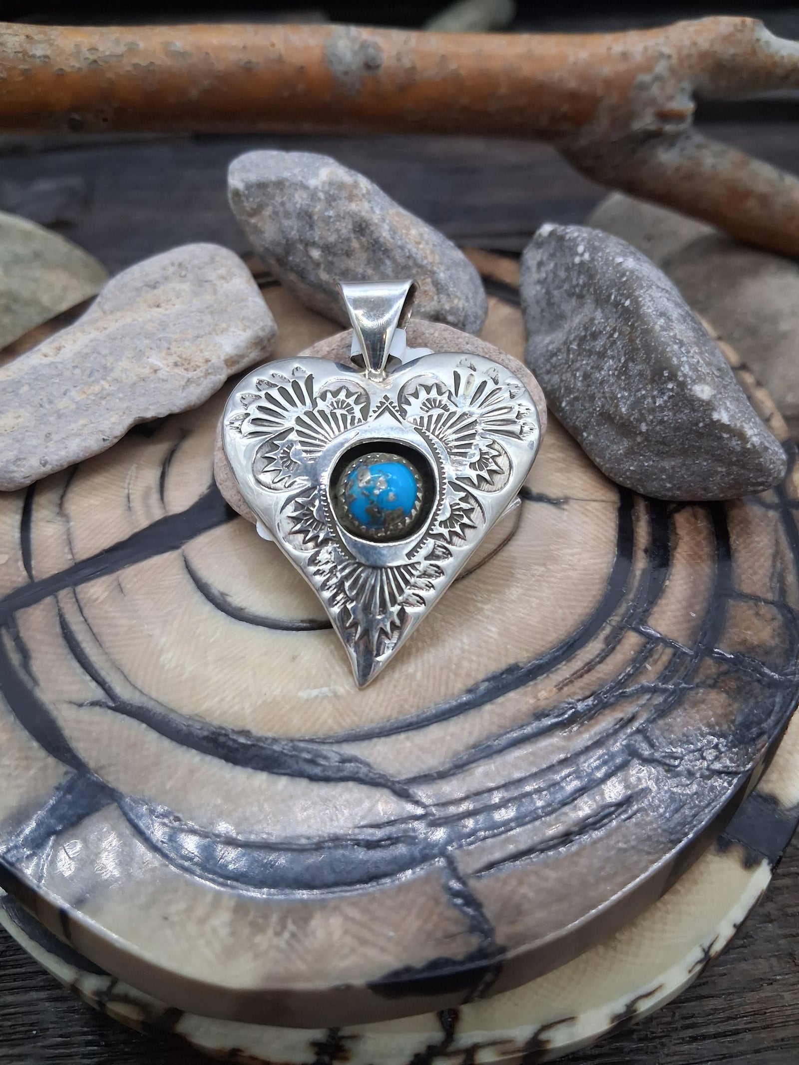 Sterling Silver Shadowbox Heart Pendant with Kingman Turquoise by Shirley Skeets