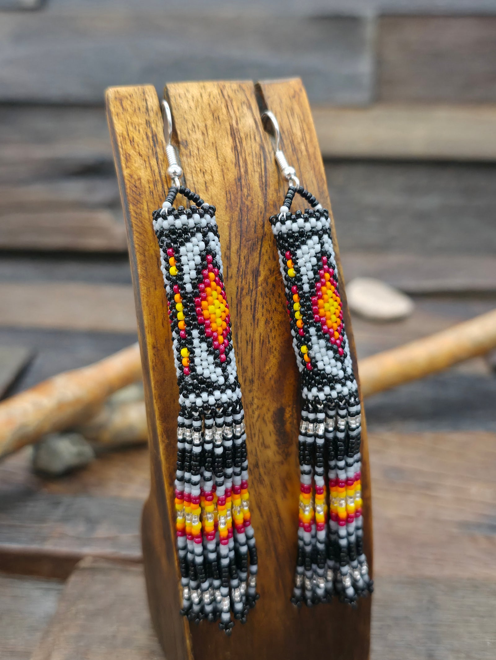Beadwork Tassel Earrings by Margaret Lee - Black - 4 in. by 1/2 in.