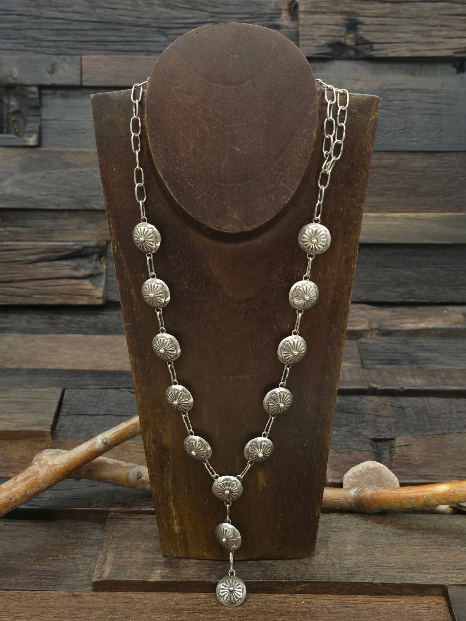 Stamped Sterling Silver Concha Lariat Necklace by "J.J." - 28 in. with 3 in. Drop