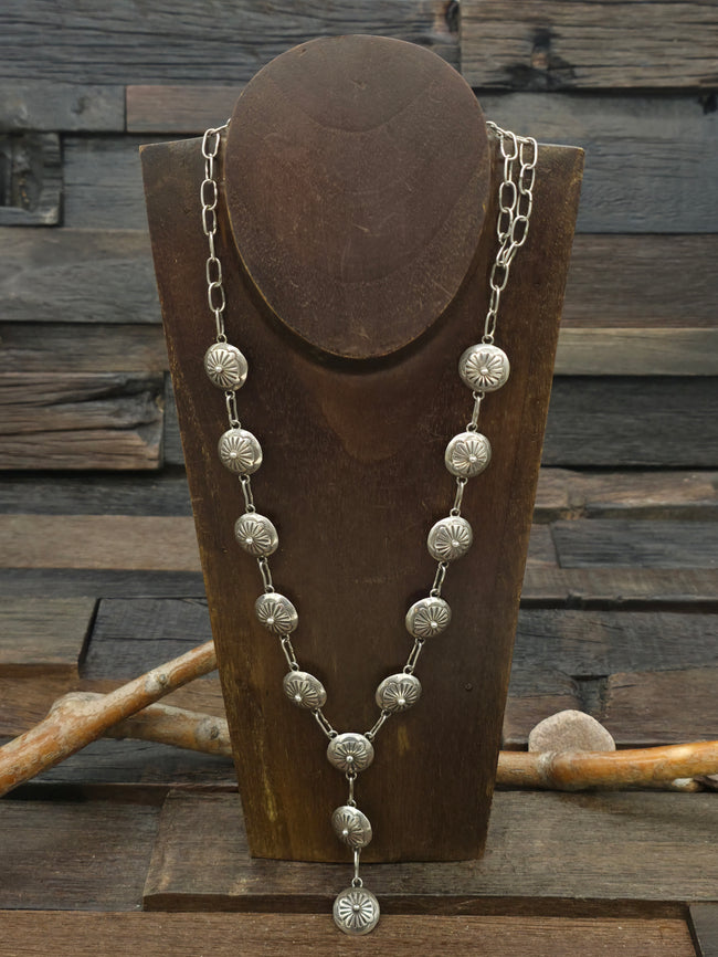 Stamped Sterling Silver Concha Lariat Necklace by "J.J." - 28 in. with 3 in. Drop