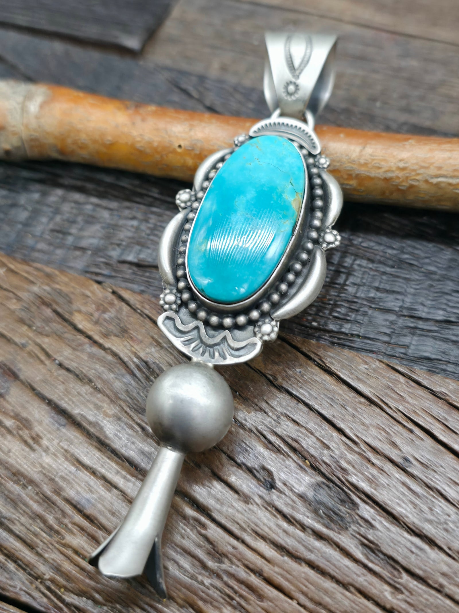 Sterling Silver and Turquoise Squash Blossom Pendant by Ronald Tom - 4 in. by 1 1/4 in.