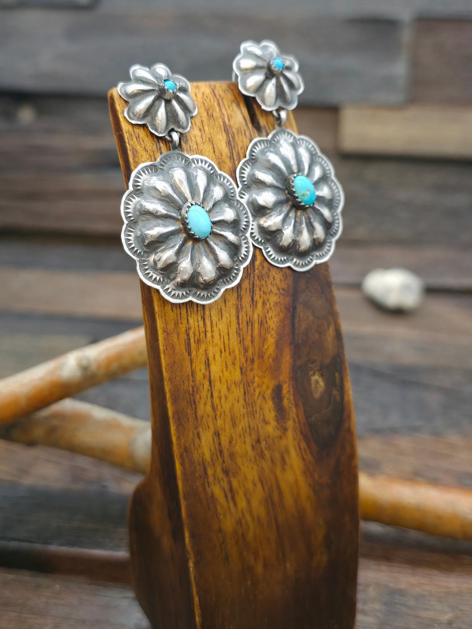 Stamped Sterling Silver Turquoise Post Dangle Earrings by Yolanda Christian - 2 in. by 1 in.
