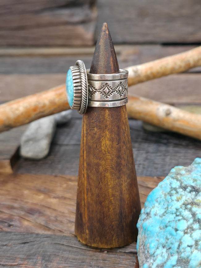 Sterling Silver and Round Kingman Turquoise Ring by Jacob Utzler - Size 7 3/4