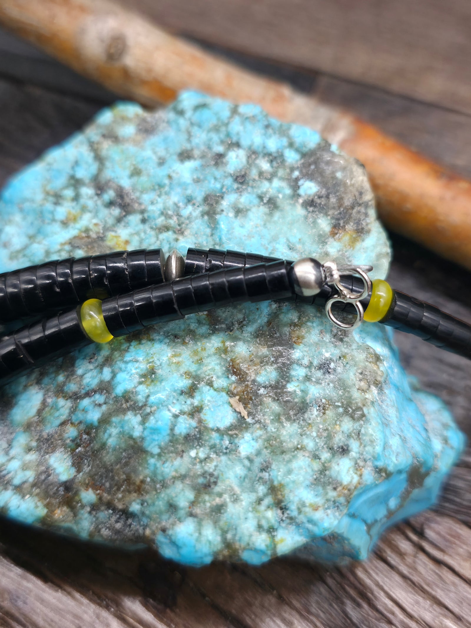 Graduated Jet Heishi Necklace with Sterling Silver and Serpentine Beads - 21 in.