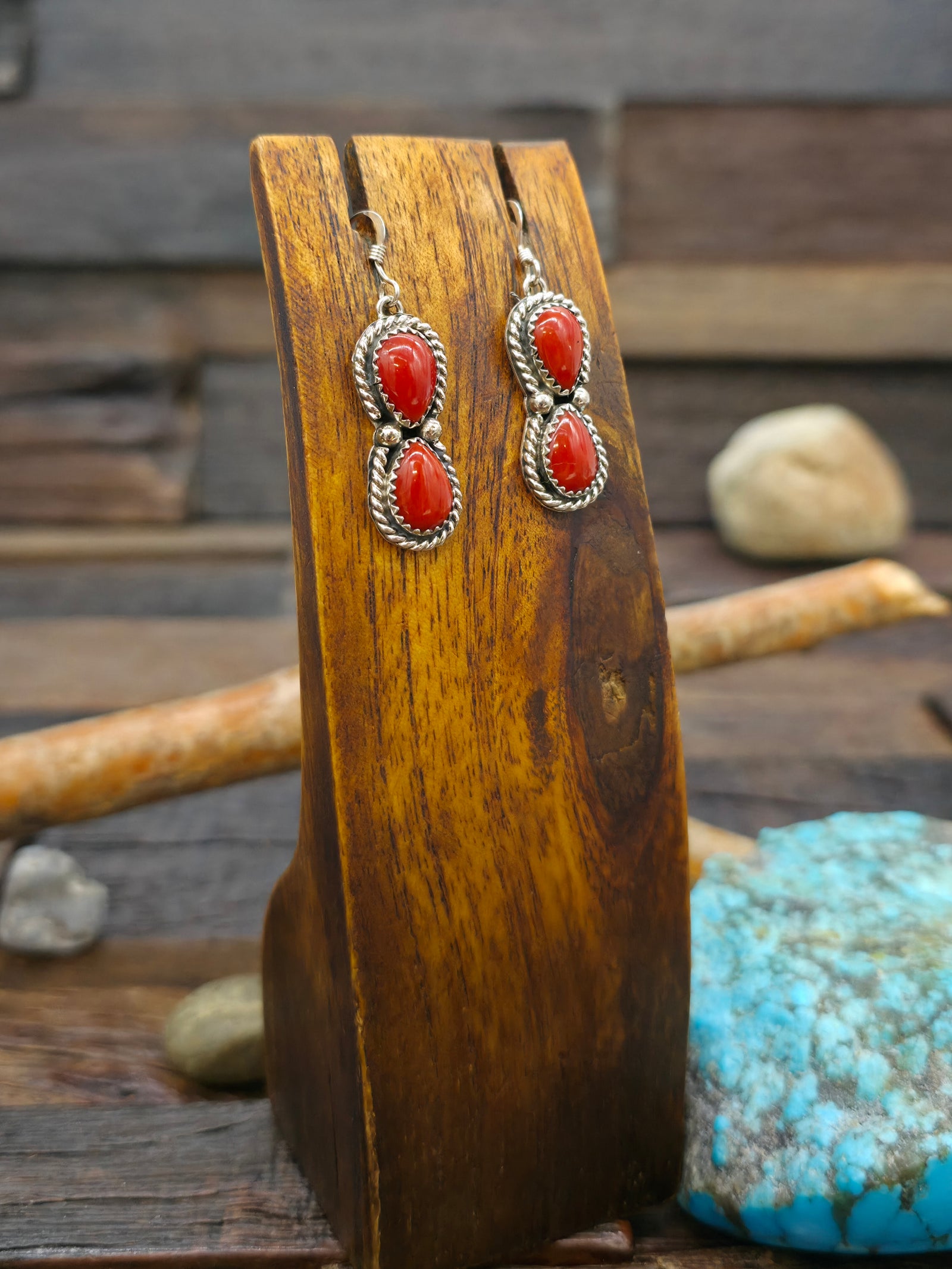 Sterling Silver Coral Two Stone Hook Earrings by Robert Yazzie