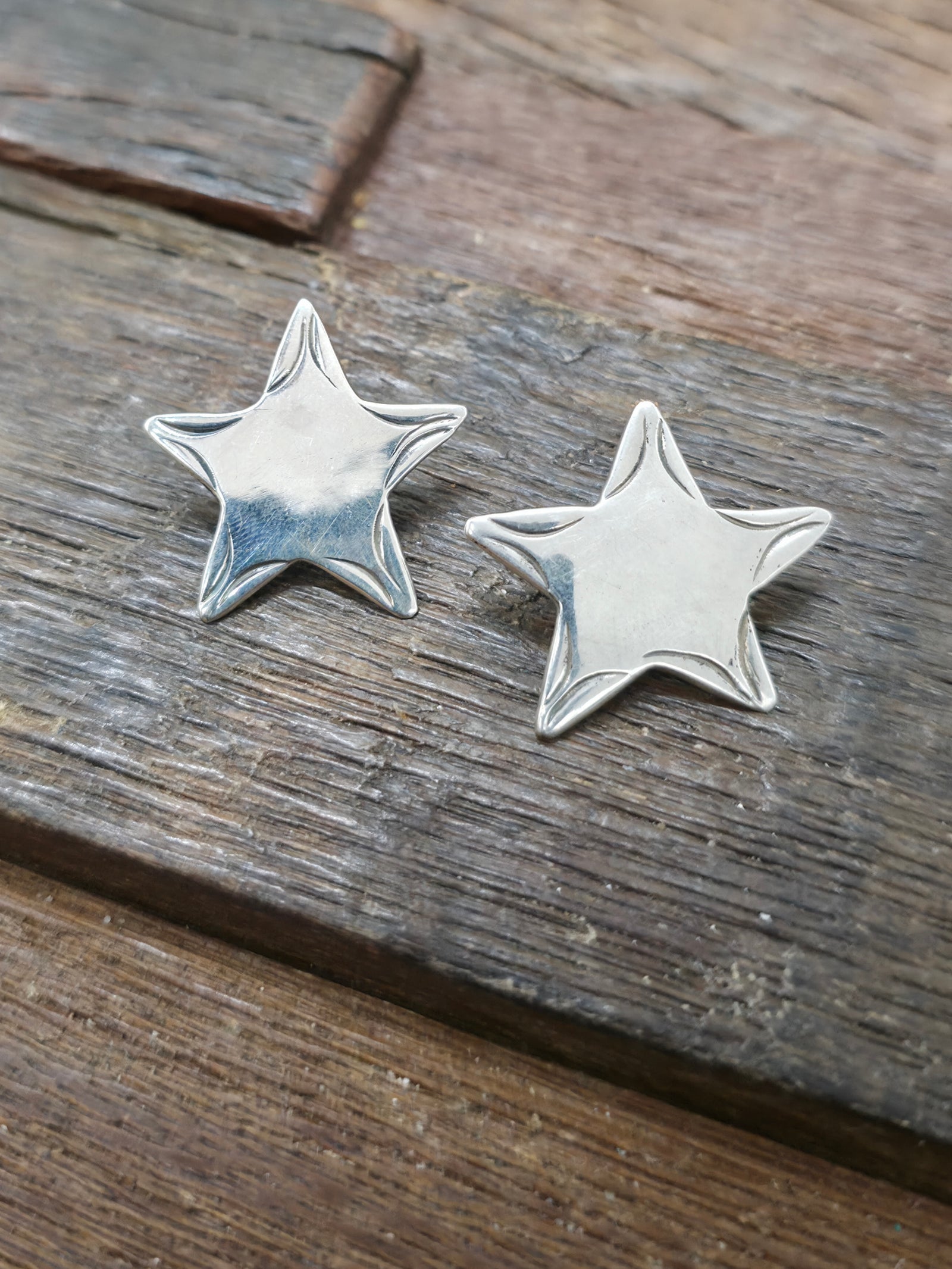 Sterling Silver Star Post Earrings by "N" - Plain - 1 in. by 1 in.