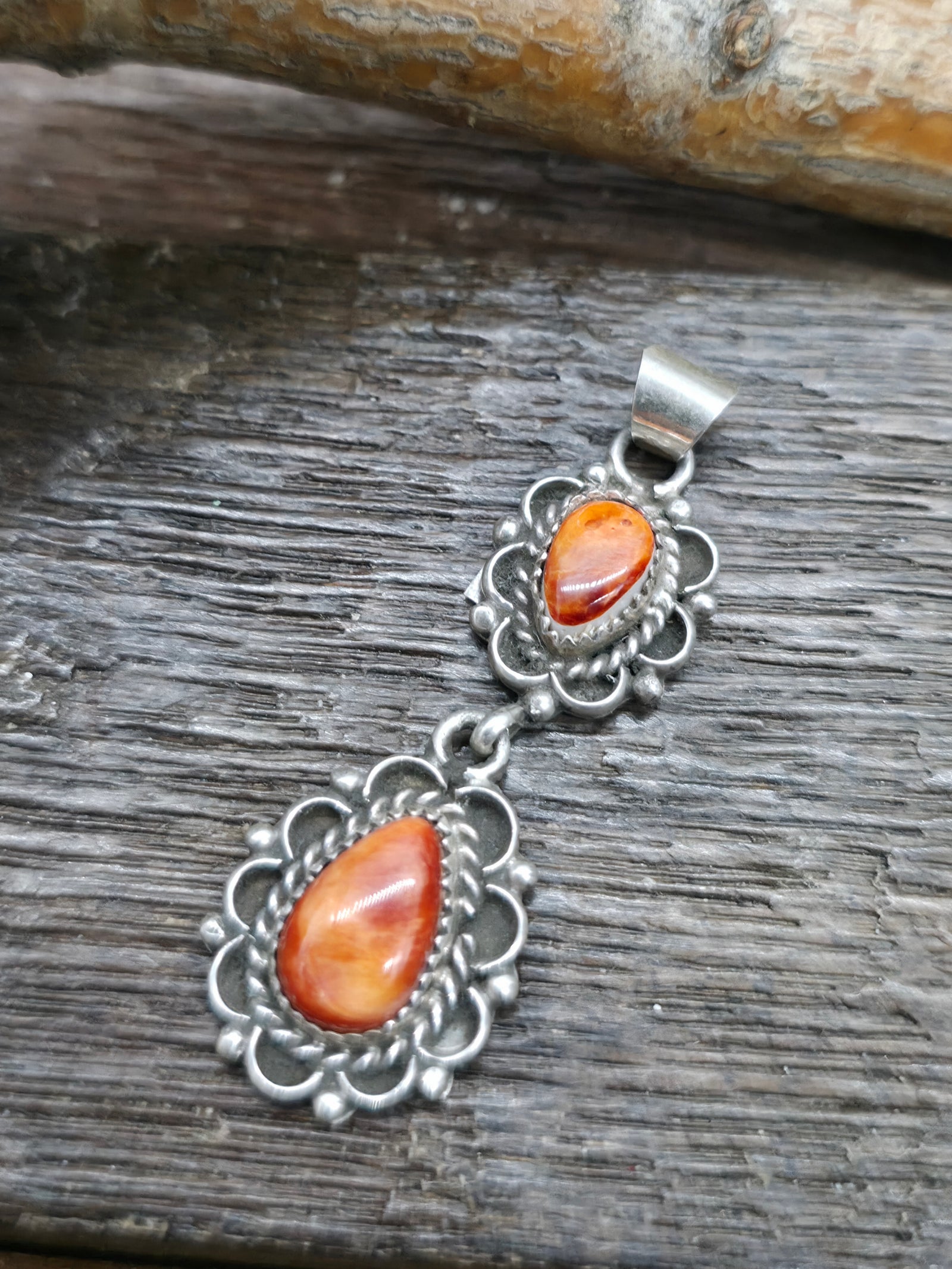 Sterling Silver Orange Spiny Oyster Two Stone Pendant by Fredia Martinez - 1 3/4 in by 5/8 in.