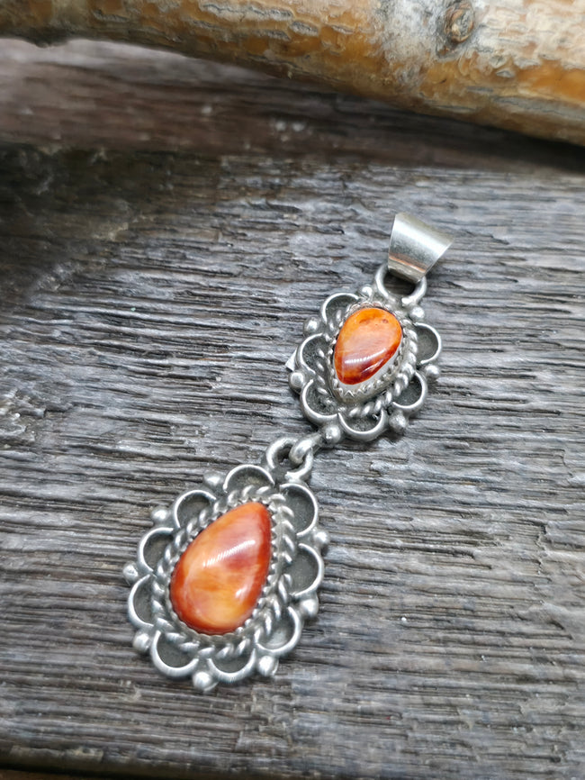 Sterling Silver Orange Spiny Oyster Two Stone Pendant by Fredia Martinez - 1 3/4 in by 5/8 in.