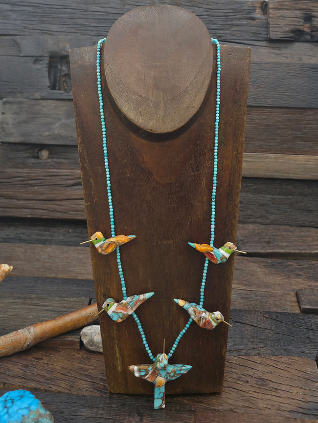 Turquoise and Spiny Composite Five Hummingbird Necklace with Blue Turquoise Beads by Matt Mitchell - 24 in.