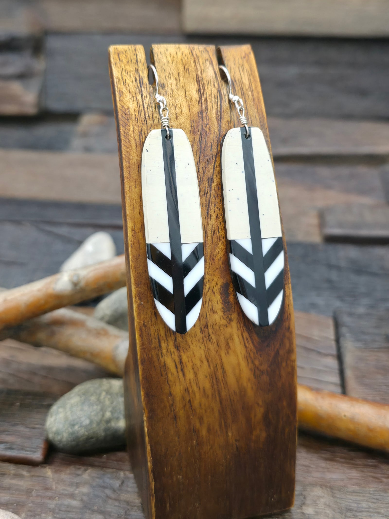 Mosaic Inlay Feather Earrings by Rudy Coriz.- Black and White - 2 3/4 in. by 5/8 in.
