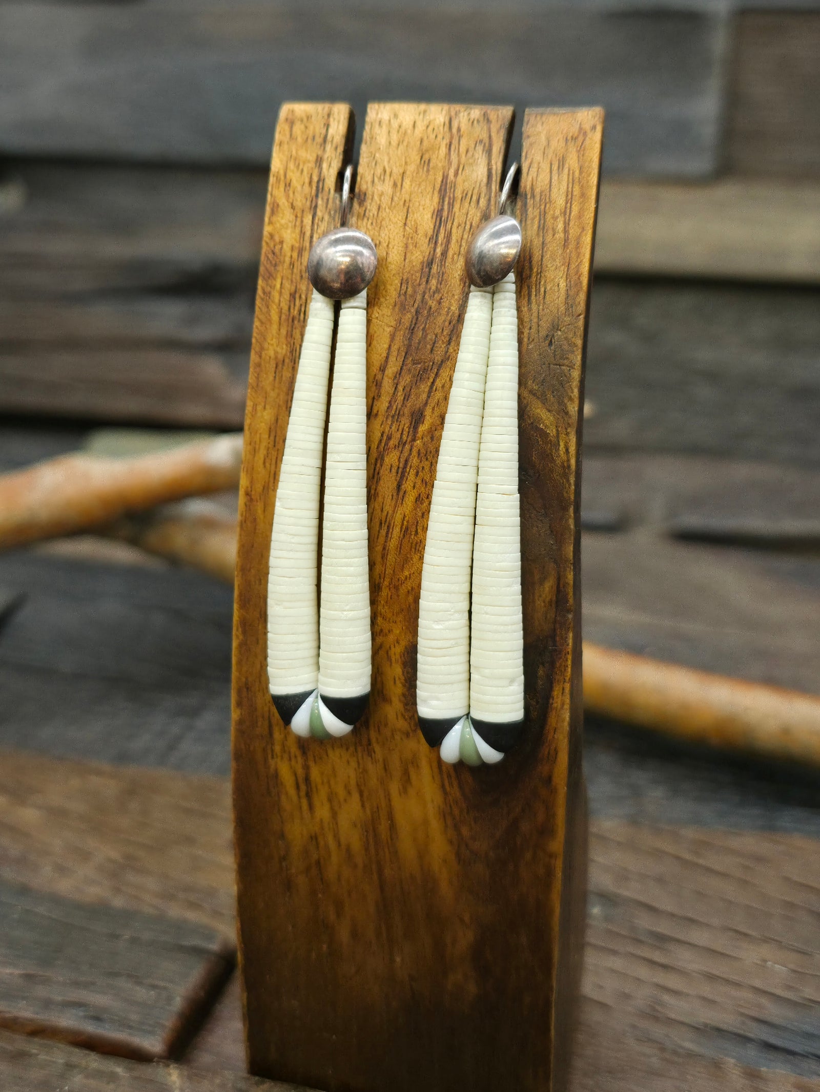 Sterling Silver, Graduated Clam Heishi, and Jet Earrings by Rose Cate - 3 in. by 1/2 in.