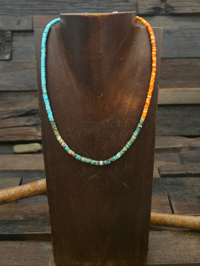 Mixed Turquoise and Spiny Oyster Heishi Bead Necklace - 17 in.
