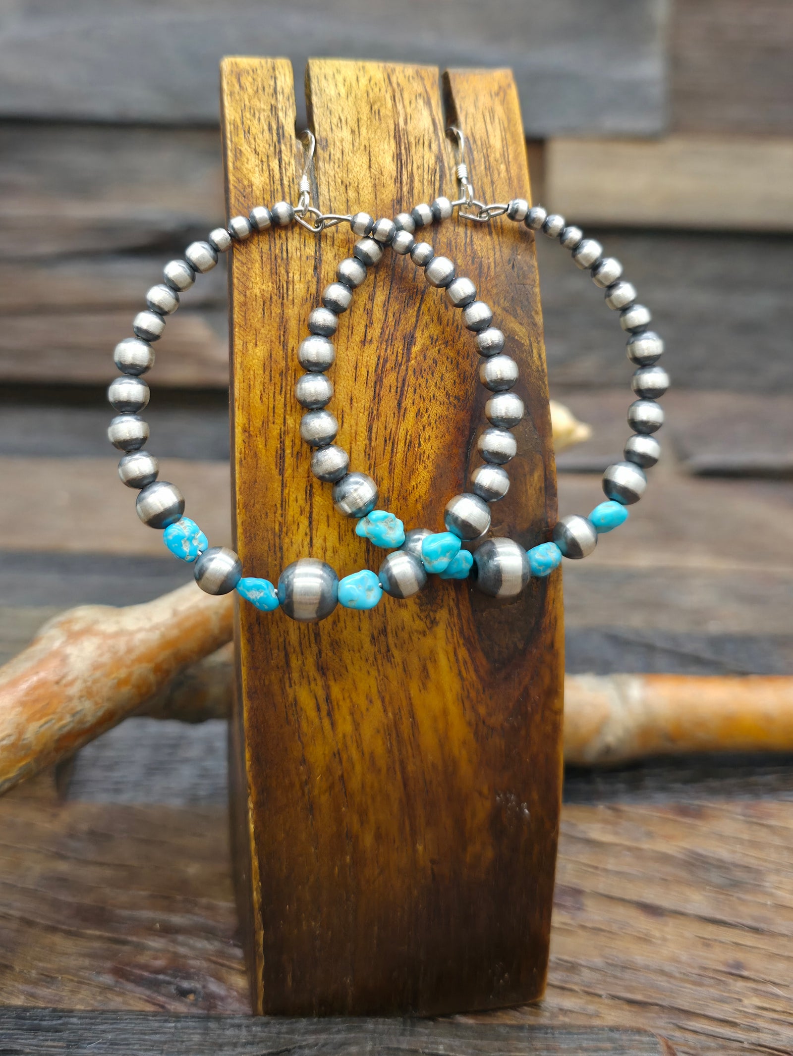 Oxidized Sterling Silver Bead and Blue Turquoise Nugget Hanging Hoop Earrings - 2 in.