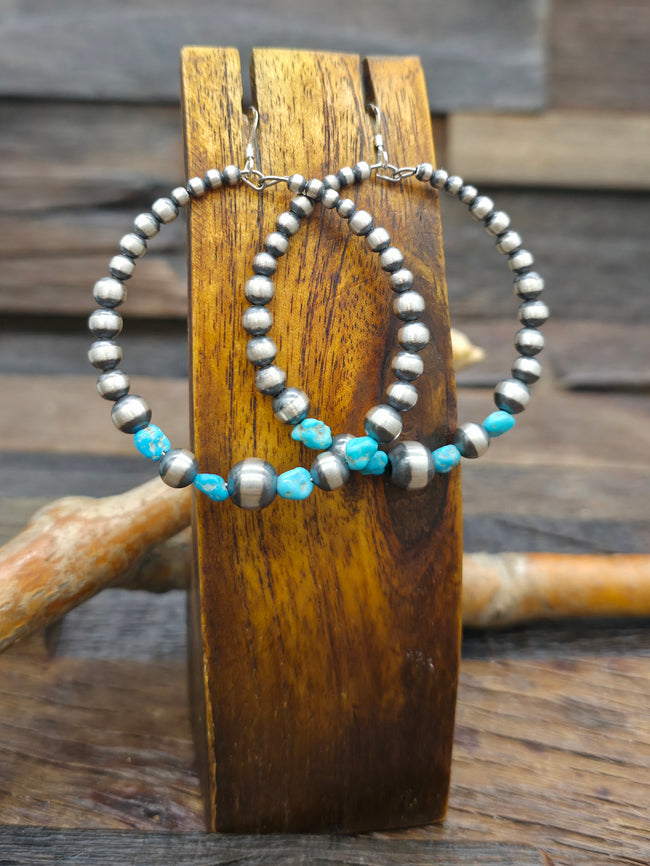 Oxidized Sterling Silver Bead and Blue Turquoise Nugget Hanging Hoop Earrings - 2 in.