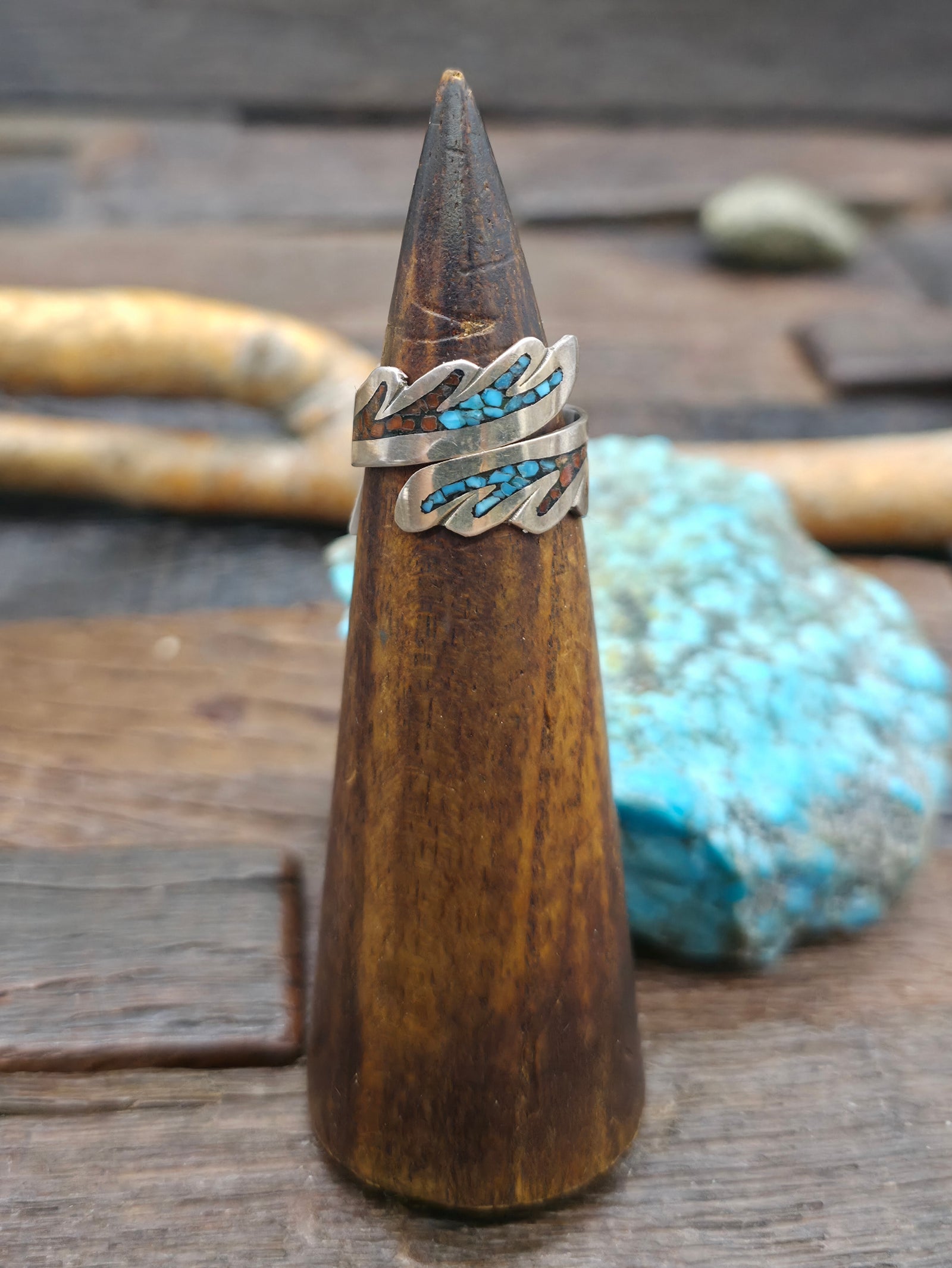 Sterling Silver Wrap Ring with Turquoise and Coral Chip Inlay by Jolene Yazzie - Size 8
