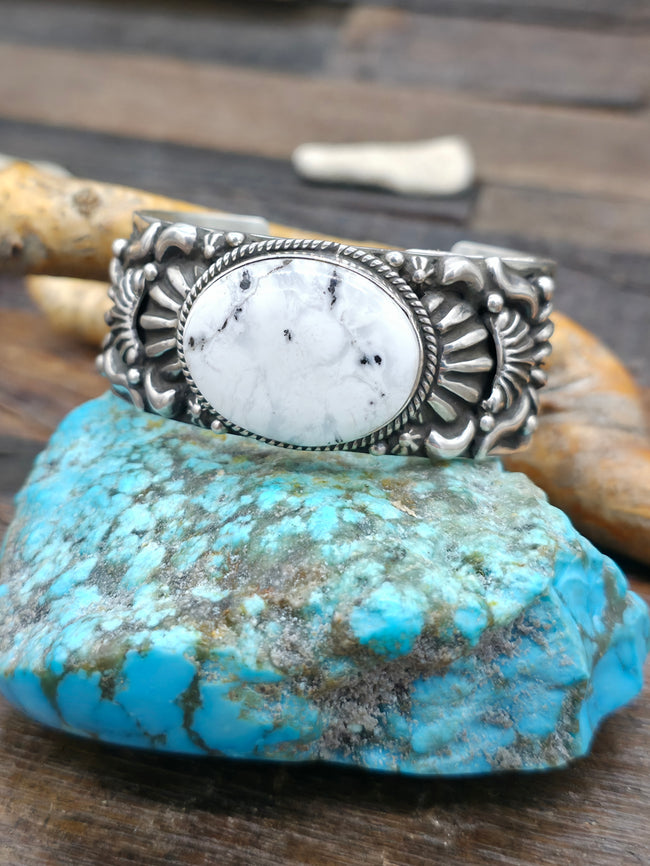 Sterling Silver White Buffalo Cuff Bracelet by Tsosie White - 6 in. with Gap