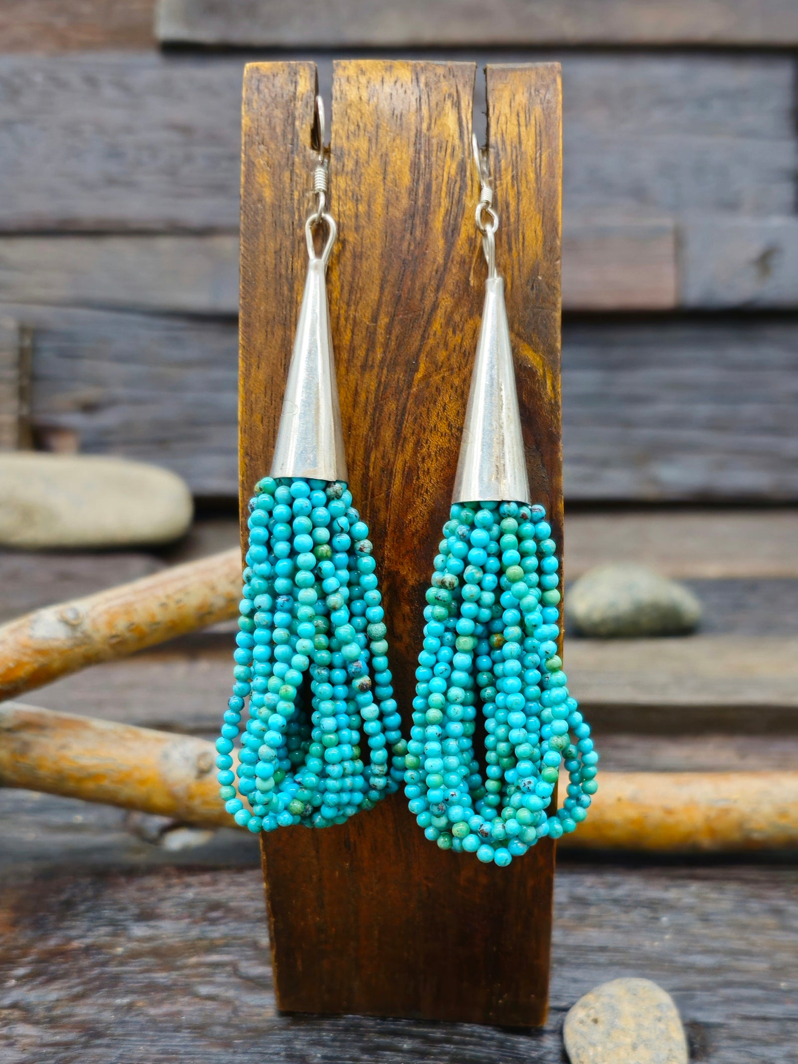 Turquoise Stone Bead Loop Tassel Earrings by Fred Archuleta