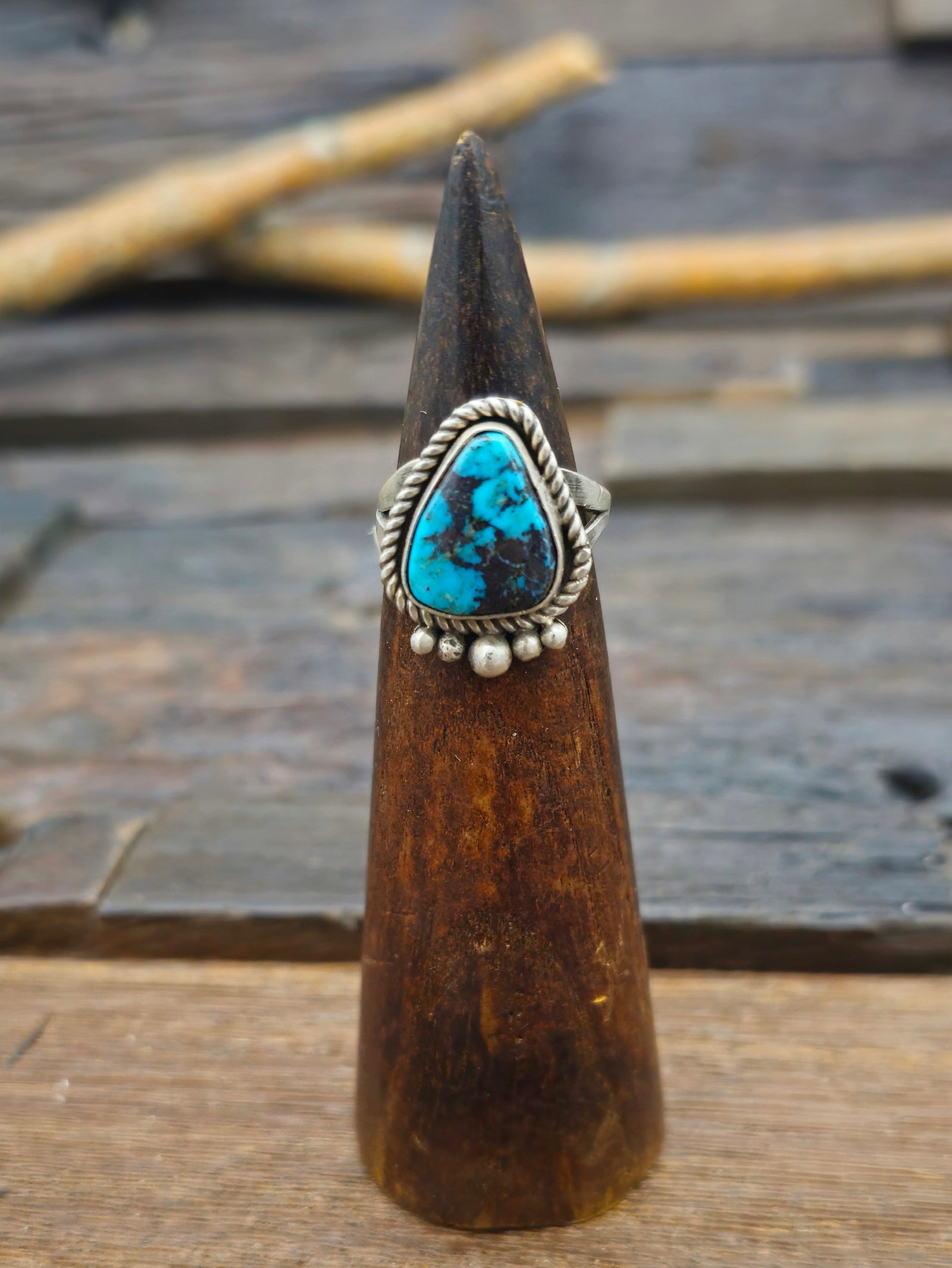 Blue Turquoise Oxidized Sterling Silver Ring - Size 6 1/2