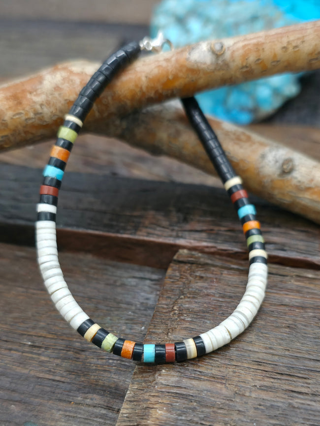 Santo Domingo Light Heishi and Multistone Stripe Bracelet by Dorene Calabaza 7.5 in.