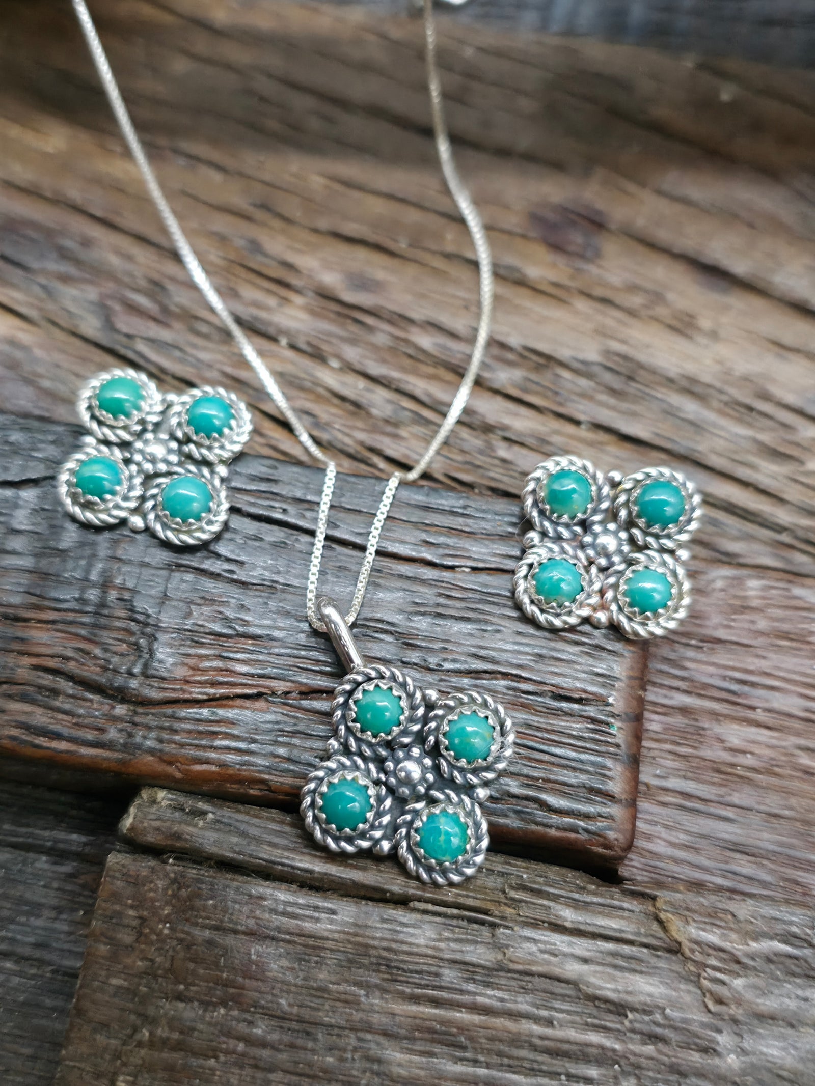 Sterling Silver and Green Turquoise Zuni Necklace and Earring Set by Dillion Cheama - 18 in.