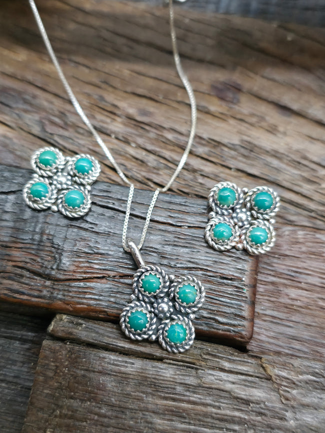Sterling Silver and Green Turquoise Zuni Necklace and Earring Set by Dillion Cheama - 18 in.