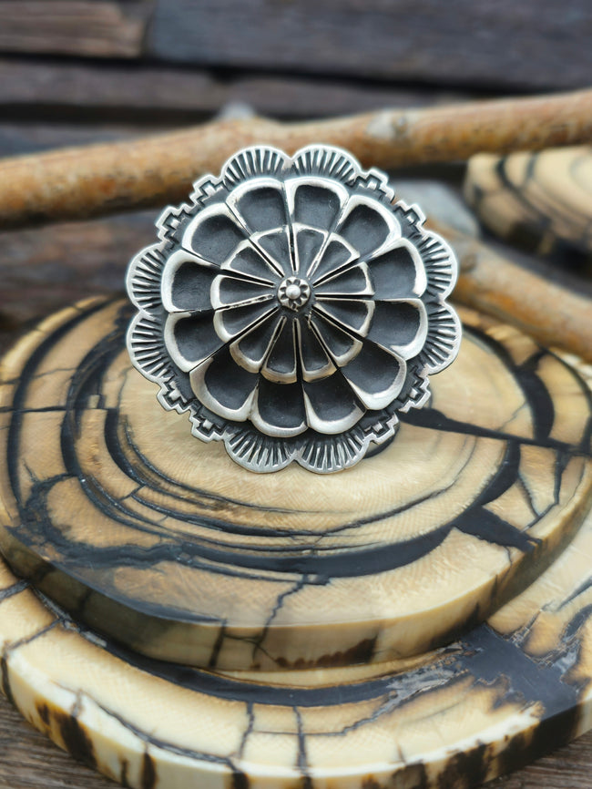 Adjustable Stamped Sterling Silver Ring by Leander Tahe