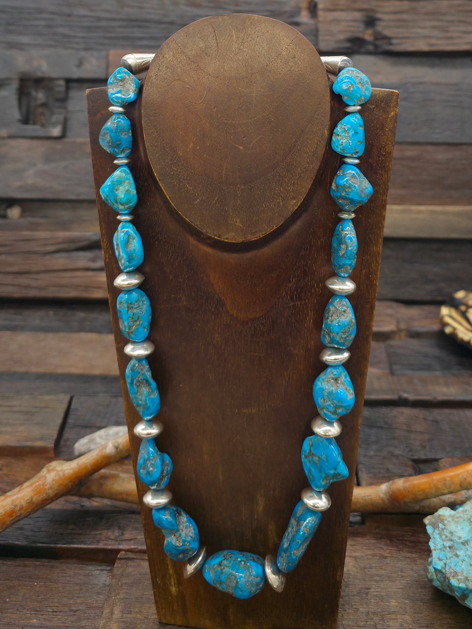 Sterling Silver and High Grade Kingman Turquoise Nugget Necklace by Fred Archuleta  - 25 in.
