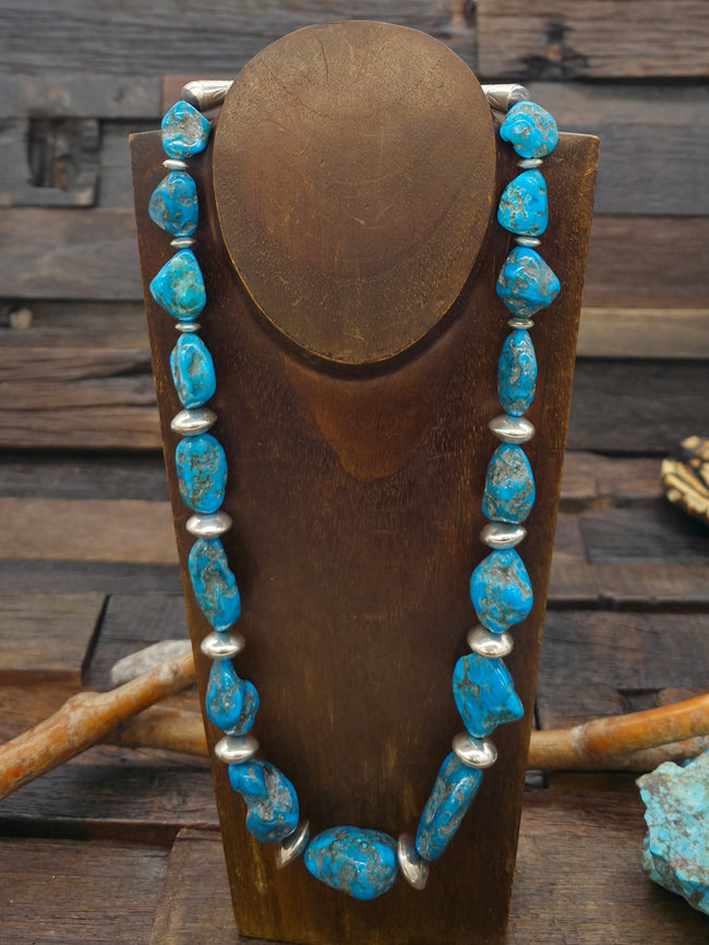 Sterling Silver and High Grade Kingman Turquoise Nugget Necklace by Fred Archuleta  - 25 in.