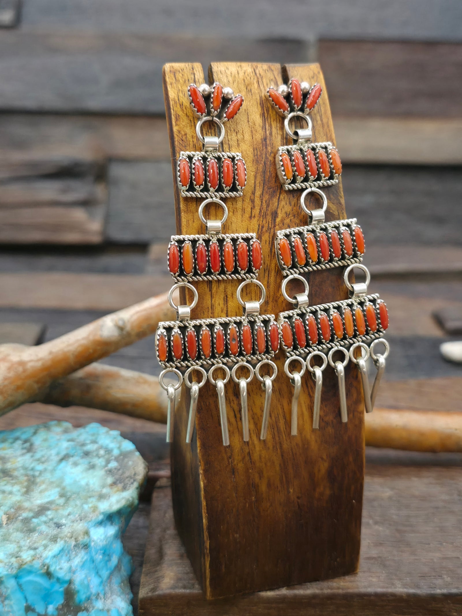 Sterling Silver Coral Needlepoint Earrings by Eunice Wilson - 3 1/2 in. by 1 1/4 in.