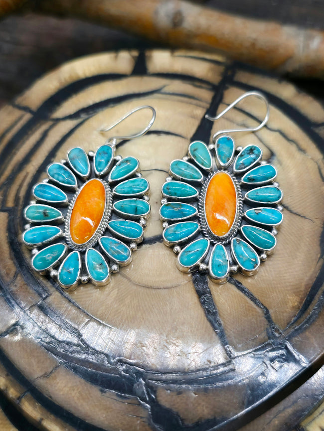 Turquoise and Spiny Oyster Cluster Earrings by Annie Hoskie