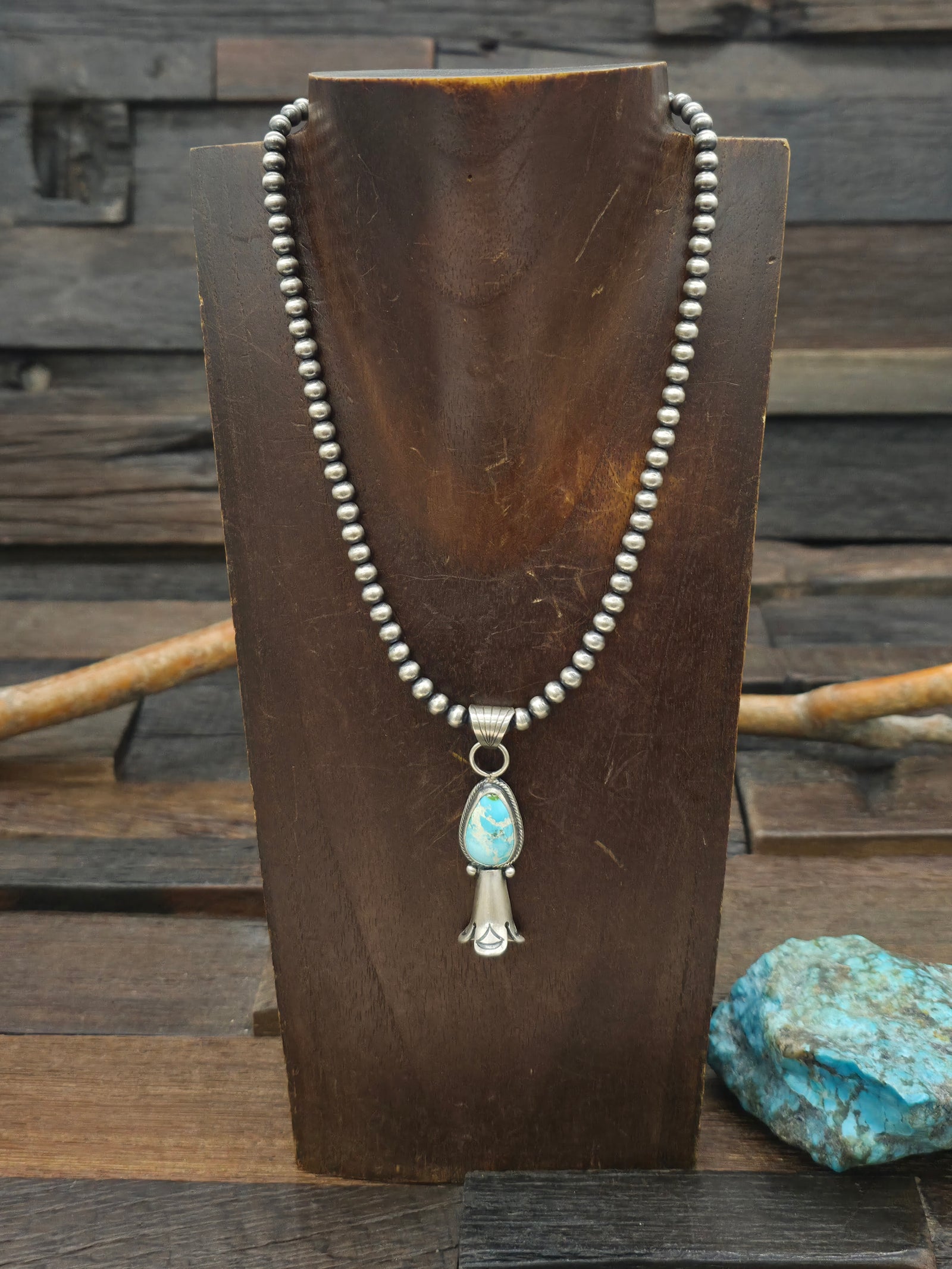 Sterling Silver Blue Sonoran Turquoise Squash Blossom Pendant on Navajo Pearls by Sharon McCartney - 16 in.