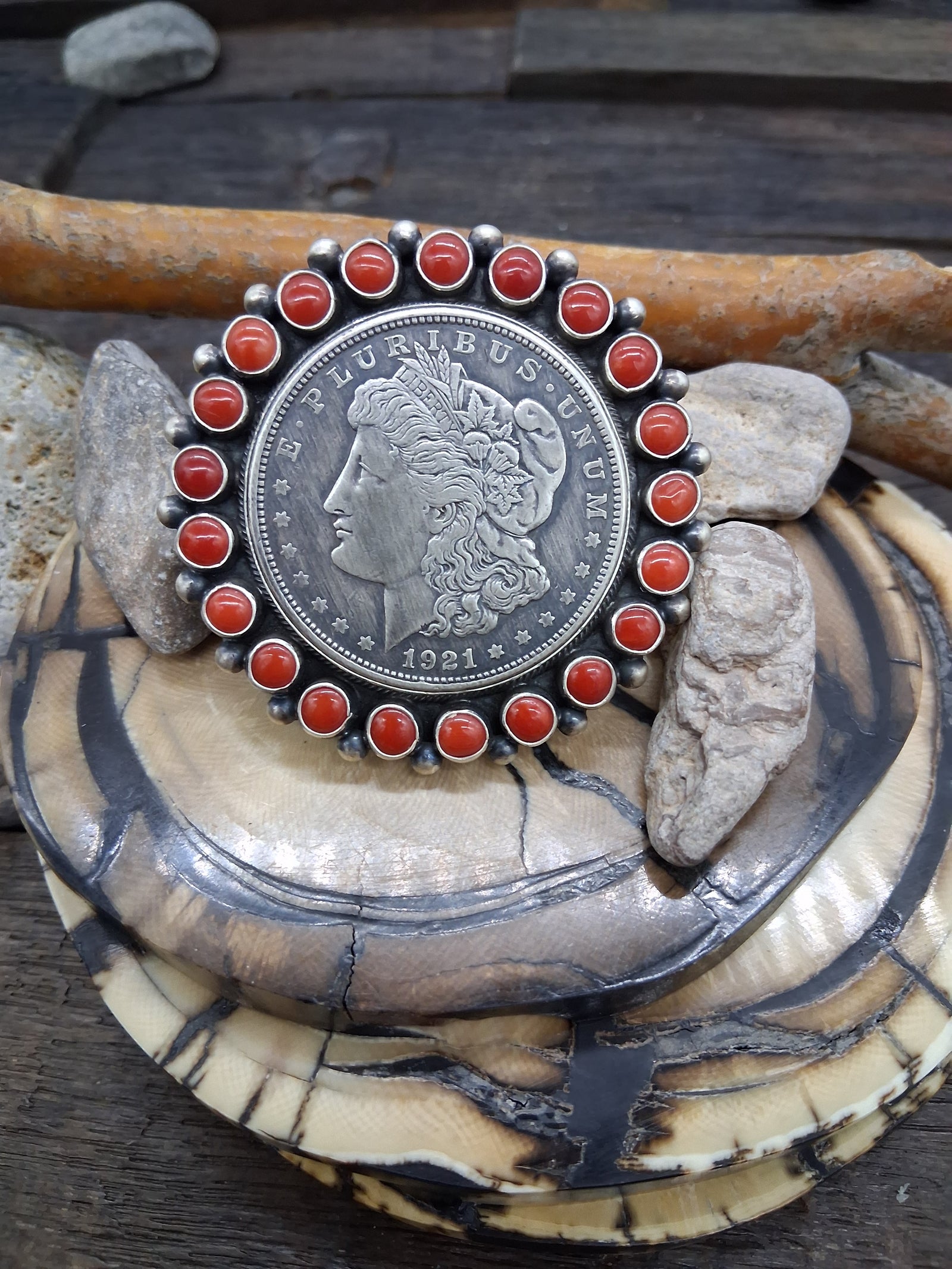 1921 Coin Coral Ring Adjustable by Kathleen Livingston