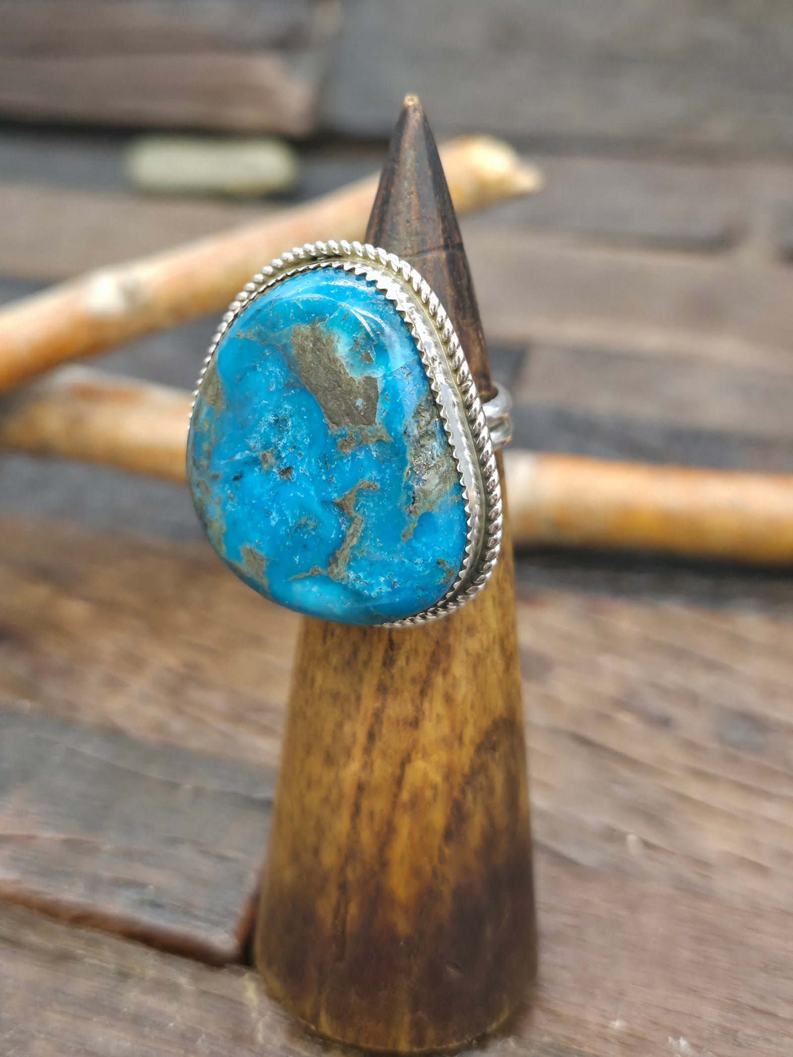 High Shine Sterling Silver Turquoise Statement Ring by Ray Nez - Adjustable