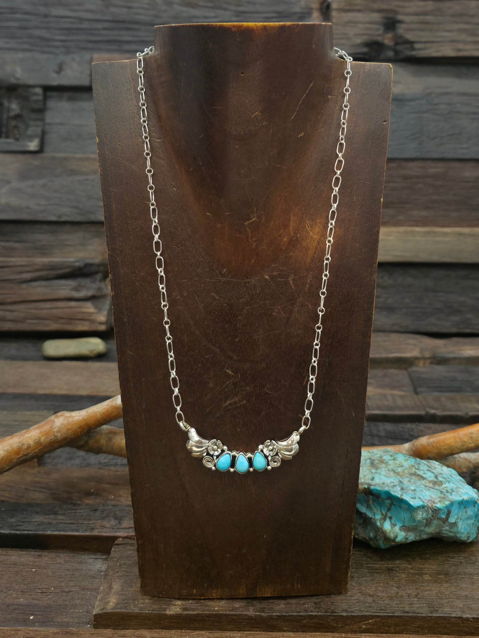 Three Stone Turquoise Sterling Silver Flower Applique Bar Necklace by Gwendolyn Burnside - 19 in.