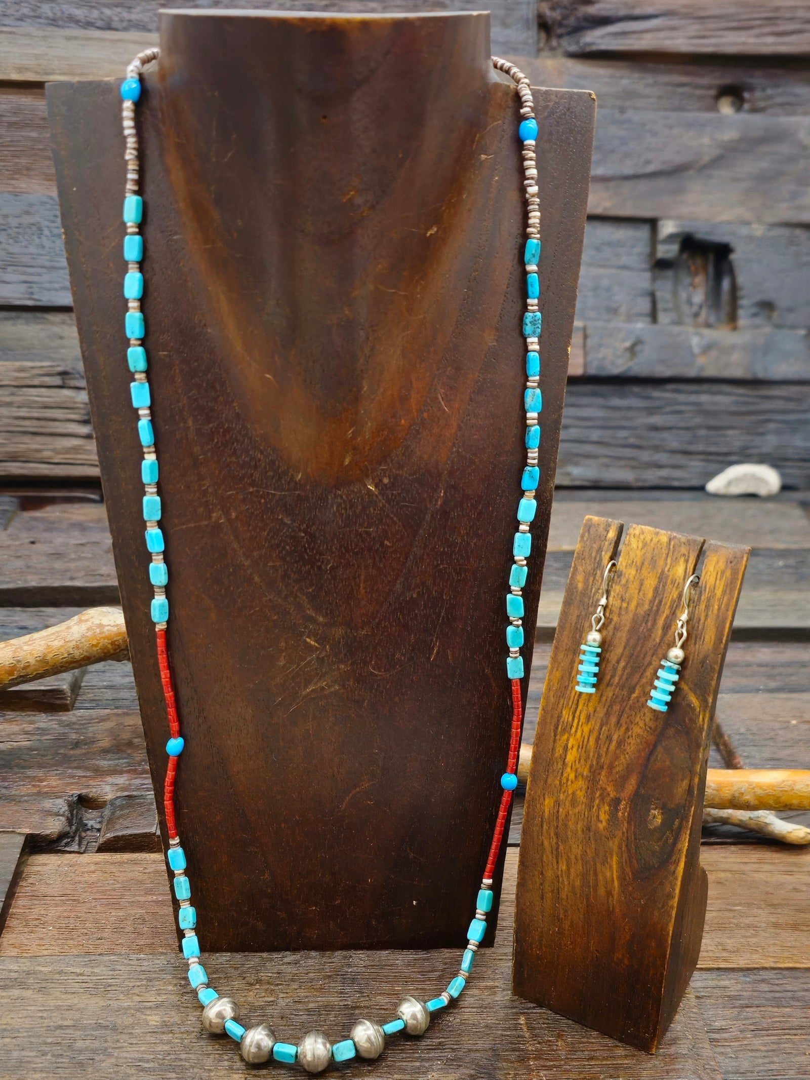 Vintage/Estate Turquoise and Coral Necklace and Earring Set - 26 in.