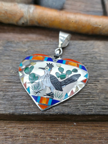 High Shine Sterling Silver Bluebird Inlay Pendant by Quintin Quam- 3 in. by 1 in.