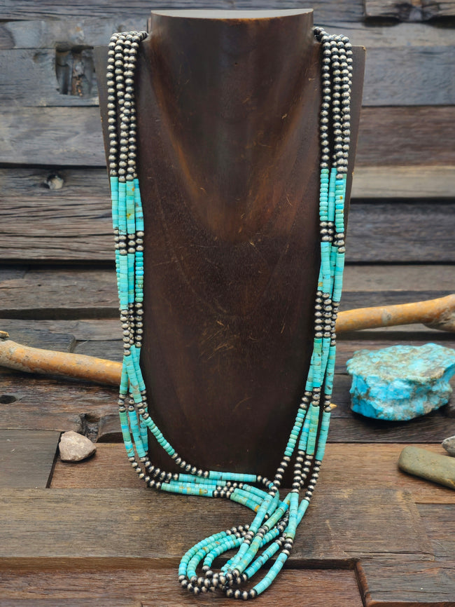 Four Strand Blue Turquoise Heishi and Sterling Silver Bead Necklace - 33 in.