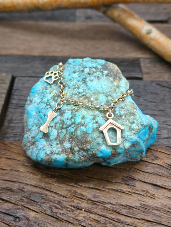 Sterling Sliver Dog House and Bone Charm Bracelet - Non-Native Made - 7 1/2 in.