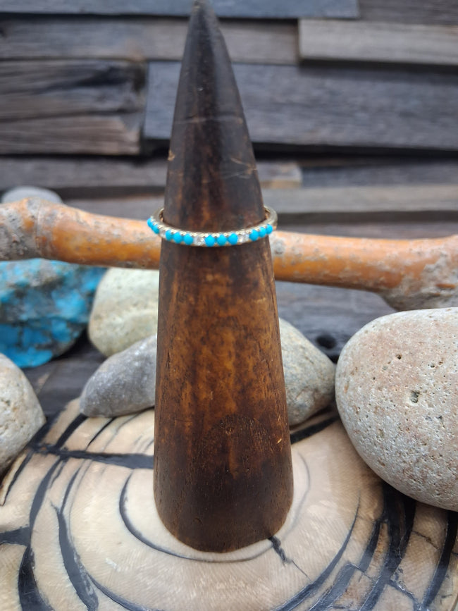 14KT Gold Sleeping Beauty Turquoise Diamond Band Inlay Ring Size 7