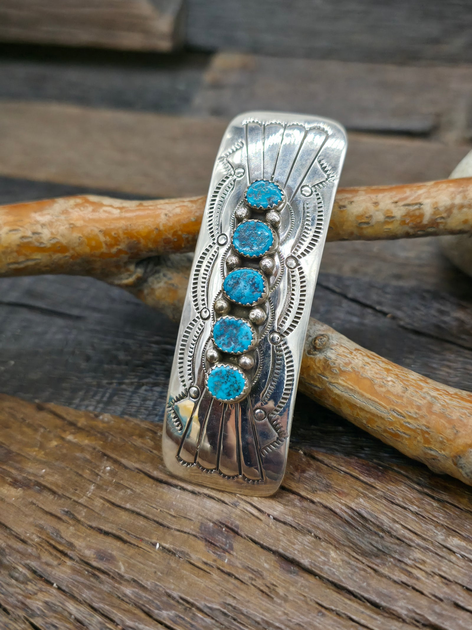 Five-Stone Sterling Silver and Turquoise Barrette by Jolene Begay - 3 in. by 1 in.