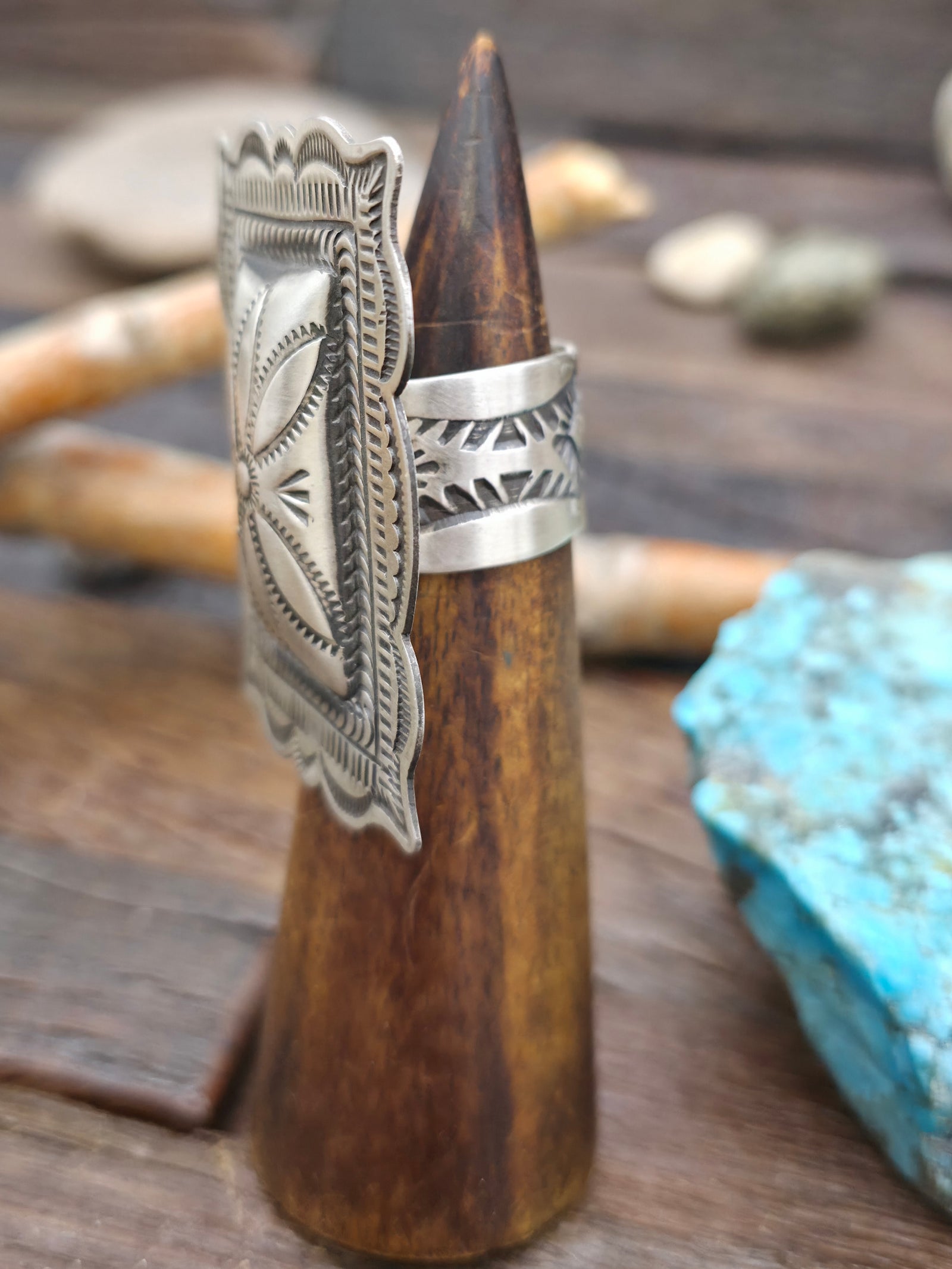 Adjustable Stamped Sterling Silver Ring by Leander Tahe - Rectangle